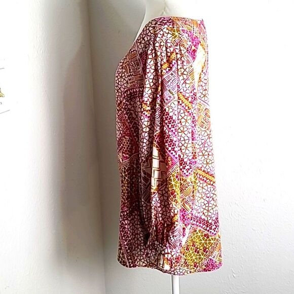 Zac & Rachel Colorful Print Top, Wide Balloon Sleeves, Pink,White,Gold, Size XL - Picture 6 of 9